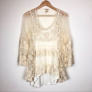 NEW Sundance Cream Sheer Lace Bell Sleeve Top